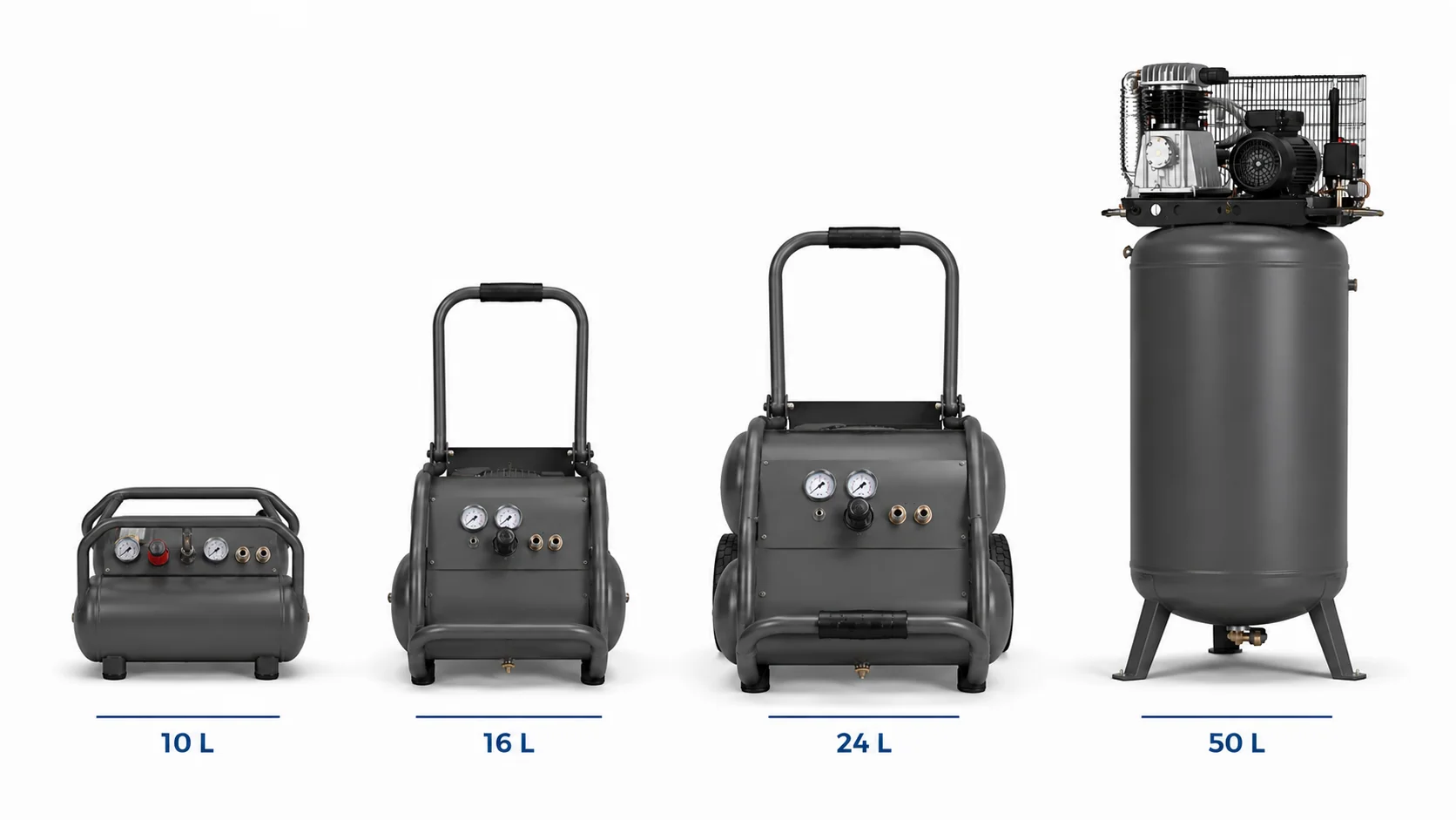 Comparaison visuelle entre les différentes cuves de compresseur, 10, 16, 24 ou 50 litres.