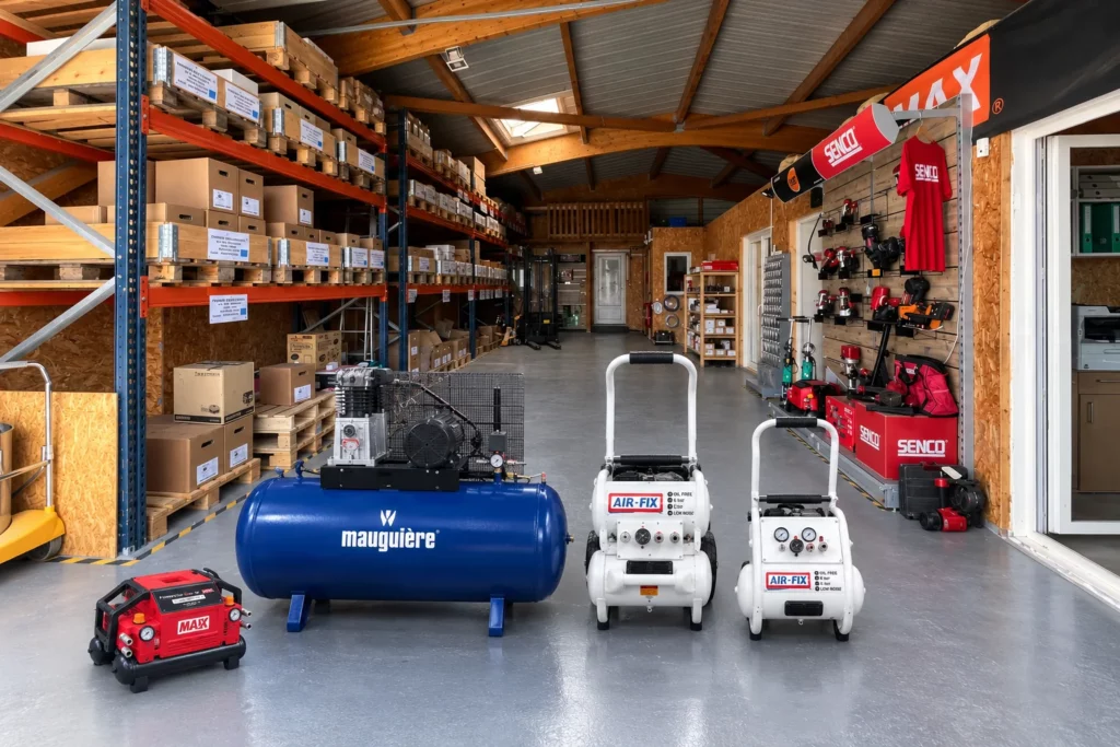 Différents compresseurs avec différentes cuves de nos marques partenaires, au sein de notre atelier Air-Fix à Chemillé en Anjou.